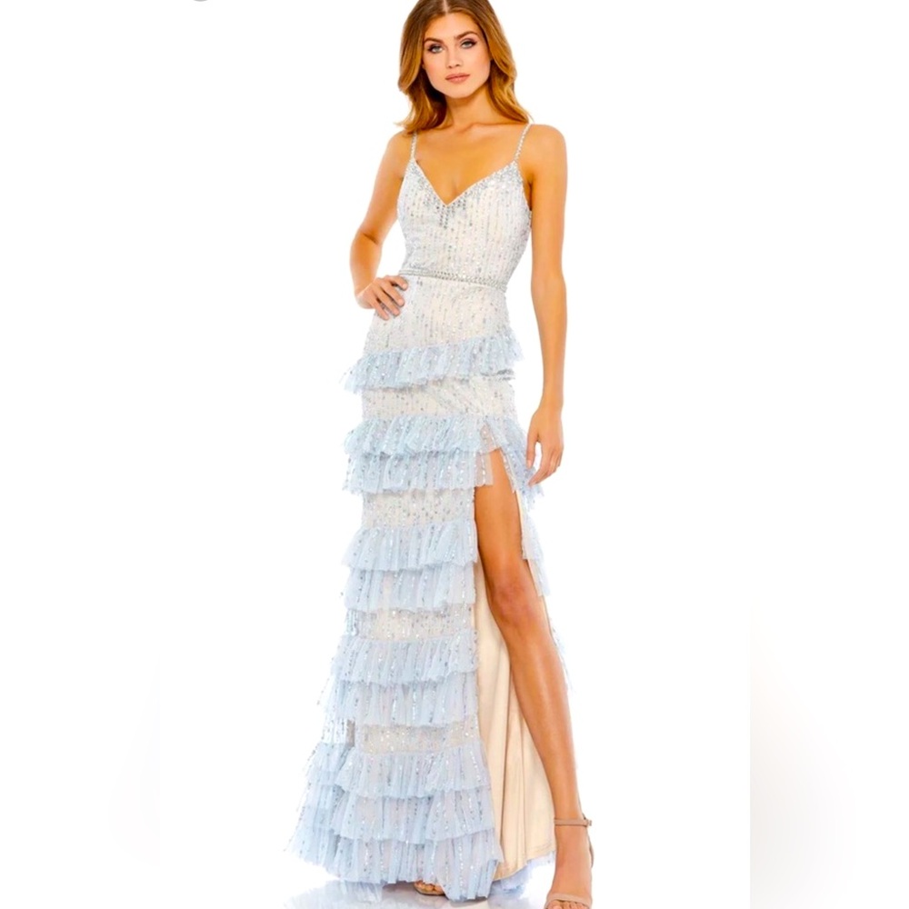 Mac Duggal Embellished Ruffle Tiered Sleeveless Gown